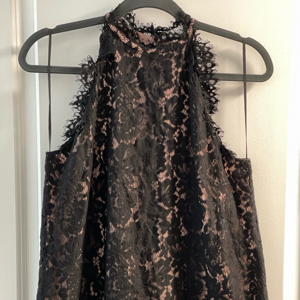 Olivia grey, lace knit, high neck, tank top.